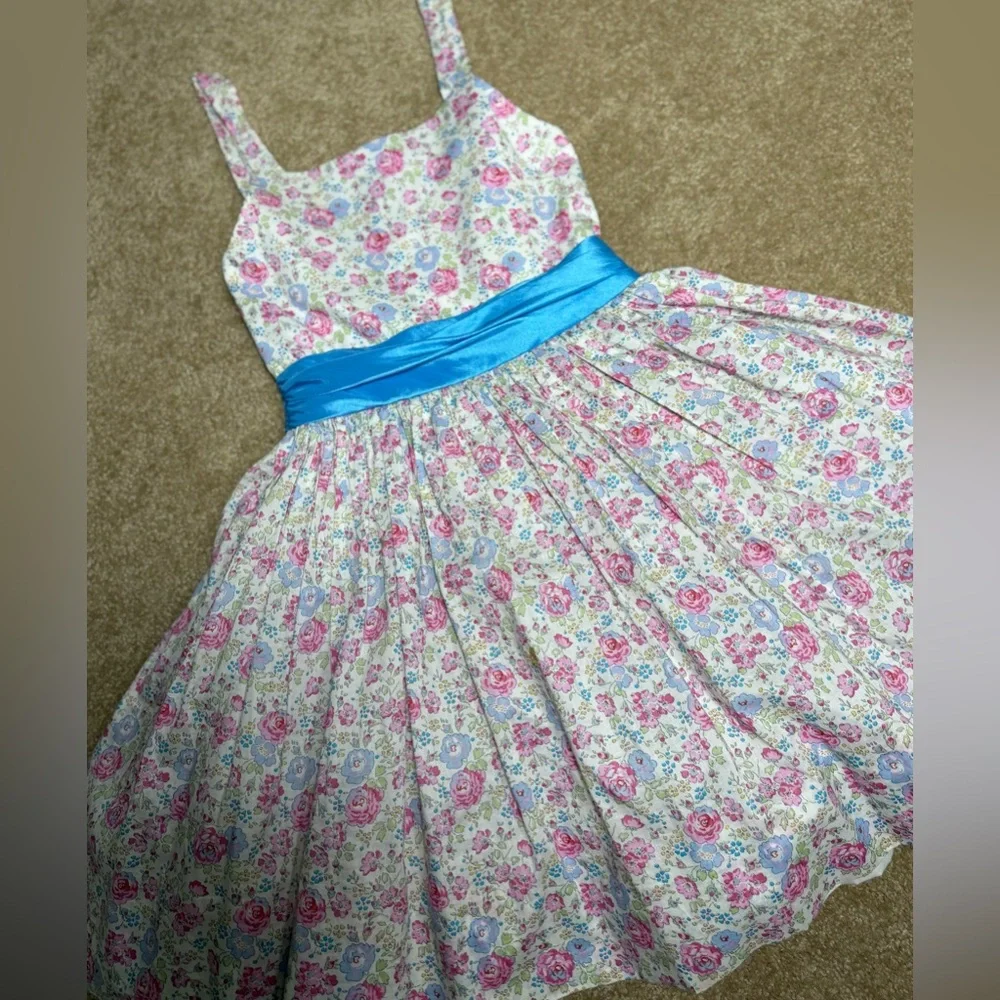Girl’s Handmade‎ Floral Dress with Blue Bow, | Vintage Aesthetic | Size 5